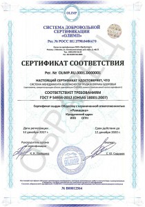 Образец сертификата ГОСТ Р 54934-2012/OHSAS 18001:2007